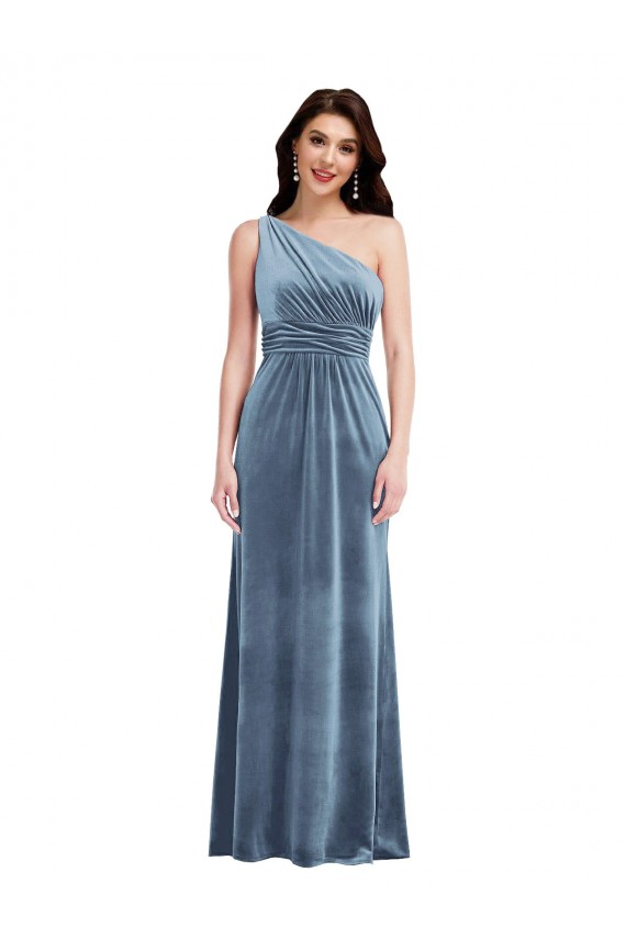 Wholesale Dusty Blue A-Line Off the Shoulder Long Stretch Velvet Prom Dress Canada
