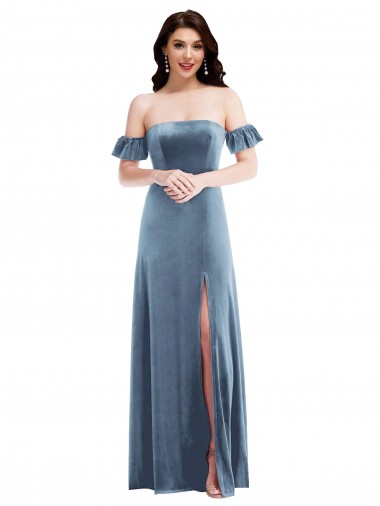 Wholesale Low Back Dusty Blue A-Line Off the Shoulder Long Prom Dress Canada