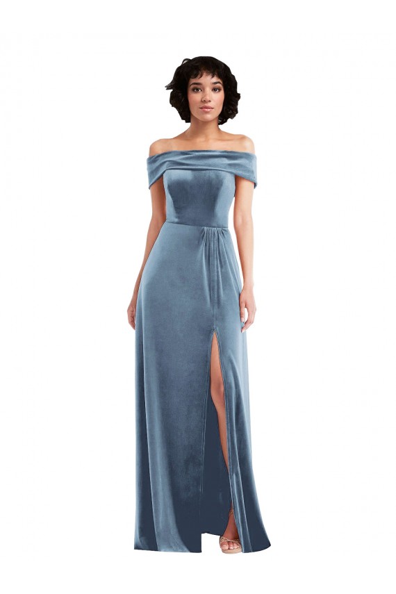 Wholesale Dusty Blue A-Line Off the Shoulder Long Prom Dress Canada