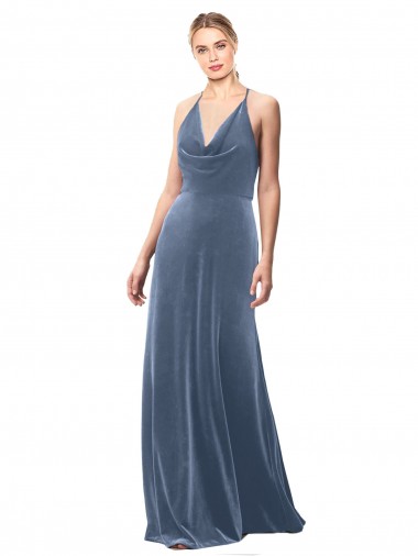 Wholesale Keyhole Back Dusty Blue A-Line Cowl Neck Long Prom Dress Canada