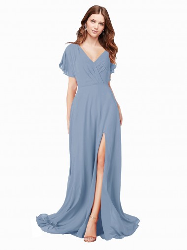 Wholesale Dusty Blue A-Line V-Neck Long Black Tie Prom Dress Canada