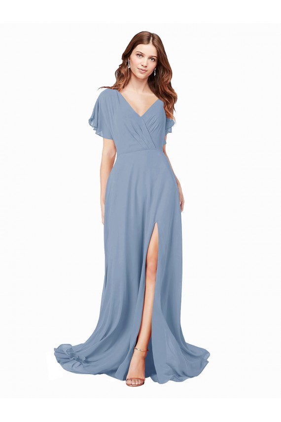 Wholesale Dusty Blue A-Line V-Neck Long Black Tie Prom Dress Canada