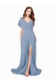 Wholesale Dusty Blue A-Line V-Neck Long Black Tie Prom Dress Canada
