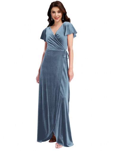 Wholesale Dusty Blue A-Line V-Neck Long Stretch Velvet Prom Dress Canada