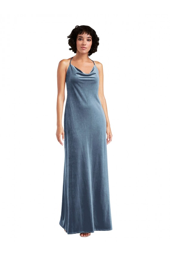 Wholesale Dusty Blue Sheath Cowl Neck Long Stretch Velvet Prom Dress Canada