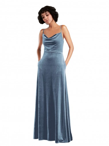 Wholesale Open Back Dusty Blue Sheath Cowl Neck Long Prom Dress Canada