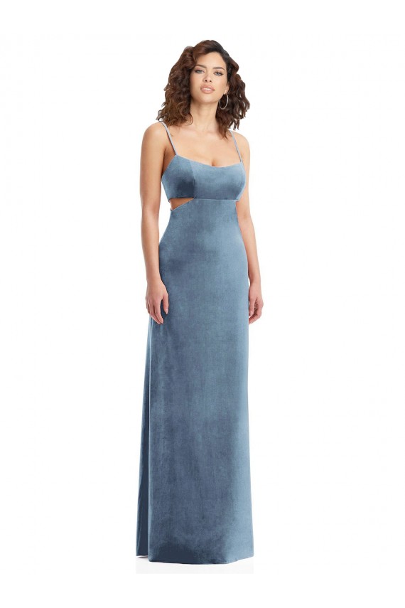 Wholesale Low Back Dusty Blue Sheath Square Neck Long Prom Dress Canada