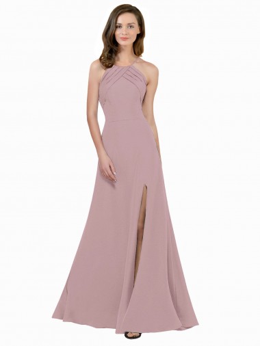 Wholesale Keyhole Back Dusty Pink A-Line High Neck Long Prom Dress Canada