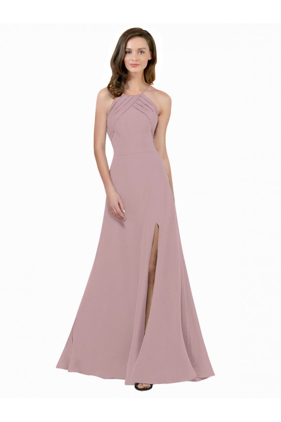 Wholesale Keyhole Back Dusty Pink A-Line High Neck Long Prom Dress Canada