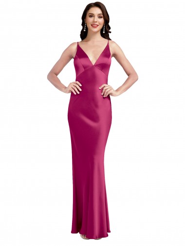 Wholesale Low Back Fuchsia A-Line V-Neck Long Prom Dress Canada