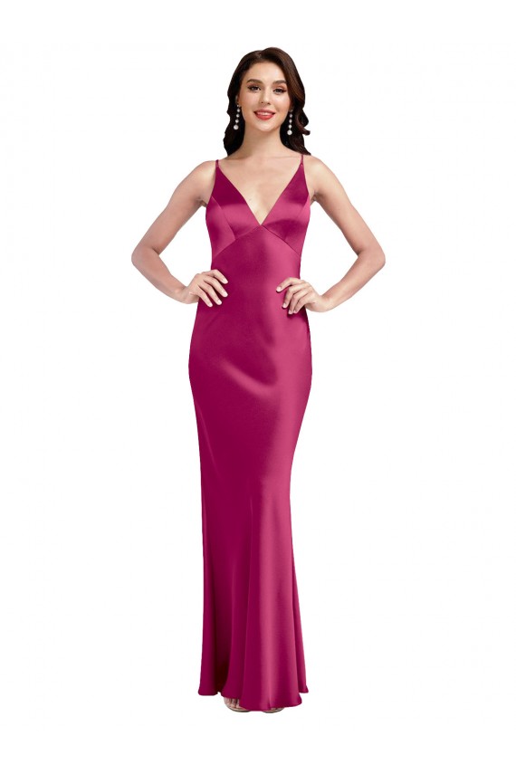 Wholesale Low Back Fuchsia A-Line V-Neck Long Prom Dress Canada