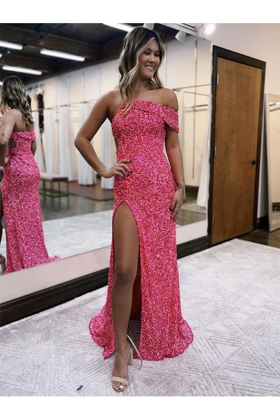 Wholesale Fuchsia Sheath One Shoulder Sweep Train Evening Gown Canada
