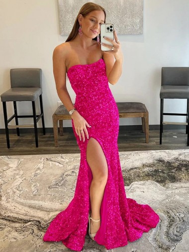 Wholesale Fuchsia Sheath Strapless Sweep Train Prom Dress Canada