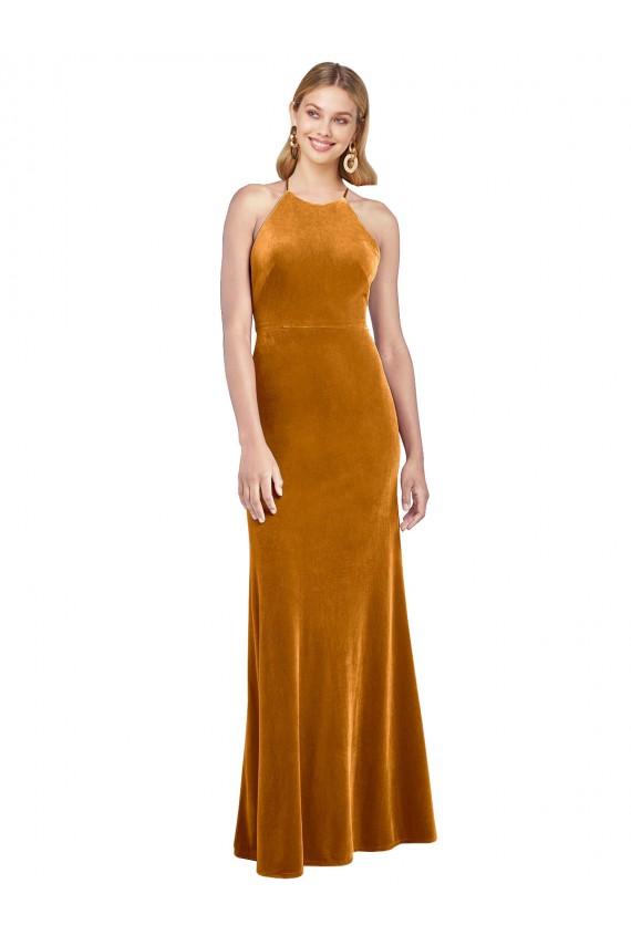 Wholesale Open Back Gold A-Line High Neck Long Prom Dress Canada