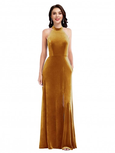 Wholesale Keyhole Back Gold Trumpet High Neck Long Prom Dress Canada