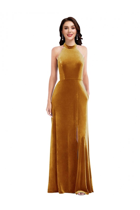 Wholesale Keyhole Back Gold Trumpet High Neck Long Prom Dress Canada