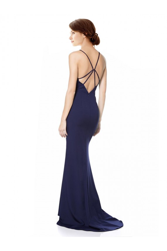 Wholesale Navy Blue Mermaid Halter Neck Long Stretch Crepe Prom Dress Canada