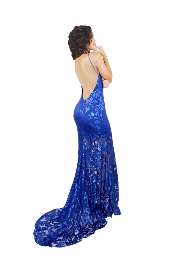 Wholesale Open Back Royal Blue Mermaid High Neck Long Prom Dress Canada