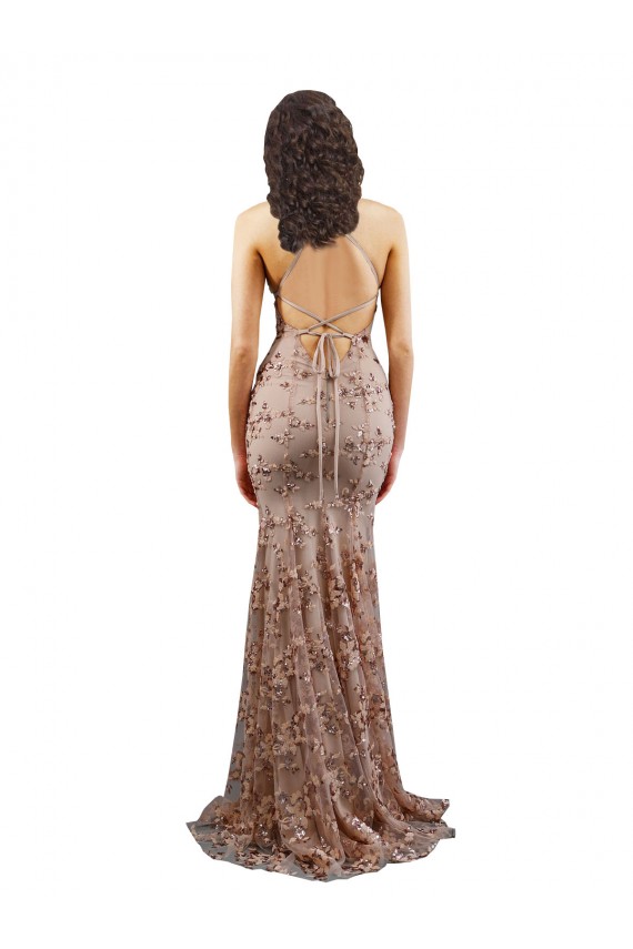 Wholesale Open Back Rose Gold Mermaid High Neck Long Prom Dress Canada