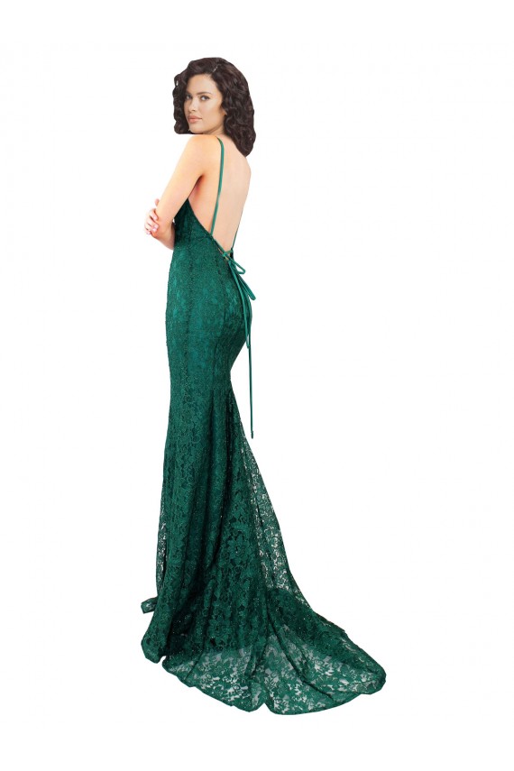 Wholesale Open Back Dark Green Mermaid V-Neck Long Black Tie Prom Dress Canada