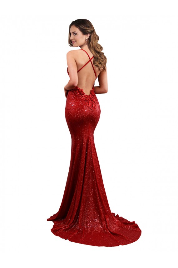Wholesale Open Back Red Mermaid V-Neck Long Evening Gown Canada