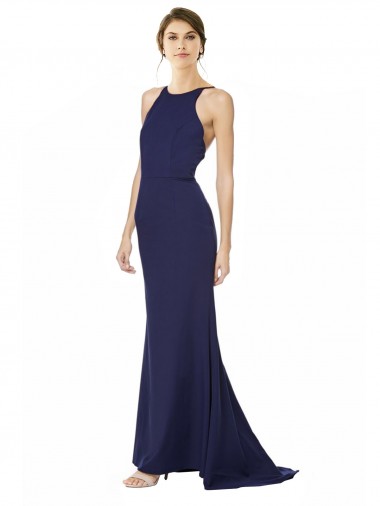 Wholesale Navy Blue Mermaid Halter Neck Long Stretch Crepe Prom Dress Canada
