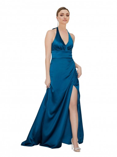Wholesale Open Back Peacock Blue A-Line Halter Neck Long Prom Dress Canada