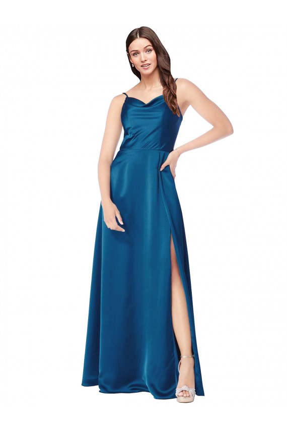 Wholesale Low Back Peacock Blue A-Line Cowl Neck Long Prom Dress Canada