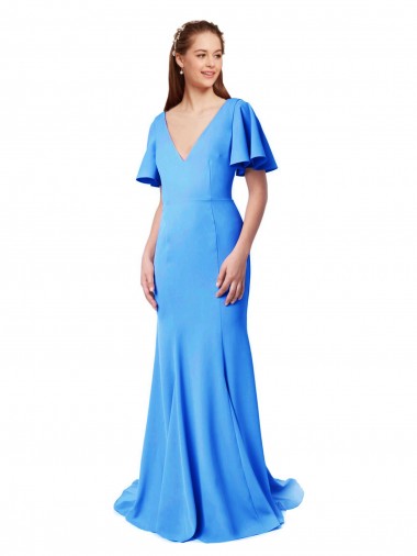 Wholesale V-Back Peacock Blue Mermaid Sheath V-Neck Sweep Train Prom Dress Canada
