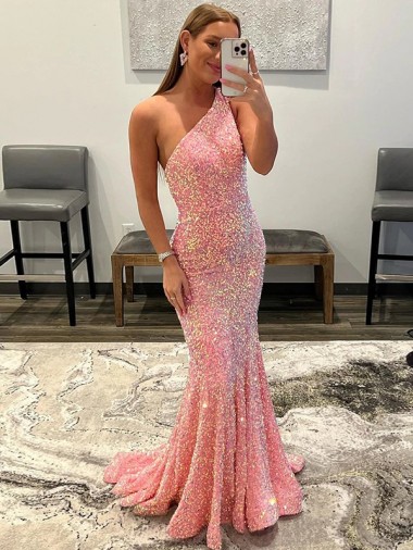 Wholesale Pink Sheath One Shoulder Sweep Train Prom Dress Canada
