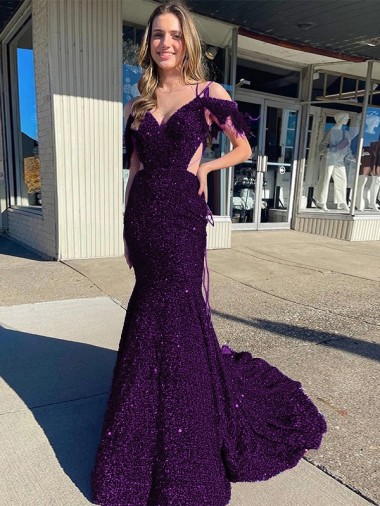Wholesale Plum Purple Sheath V-Neck Court Train Prom Dress Canada
