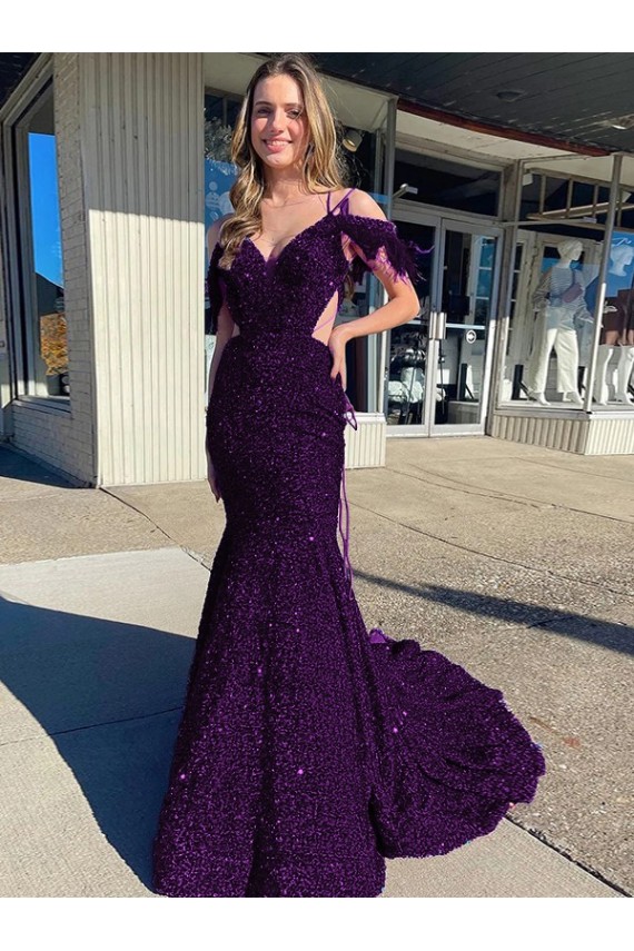 Wholesale Plum Purple Sheath V-Neck Court Train Prom Dress Canada