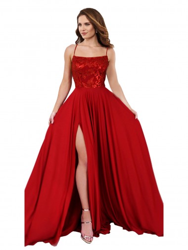 Wholesale Open Back Red A-Line Square Neck Long Prom Dress Canada
