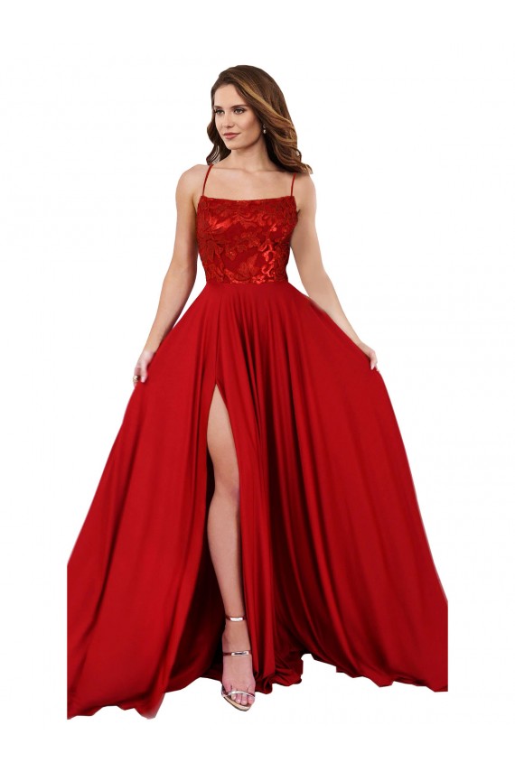 Wholesale Open Back Red A-Line Square Neck Long Prom Dress Canada