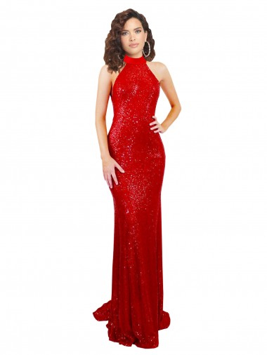 Wholesale Red Mermaid Halter Neck Long Sequin Prom Dress Canada