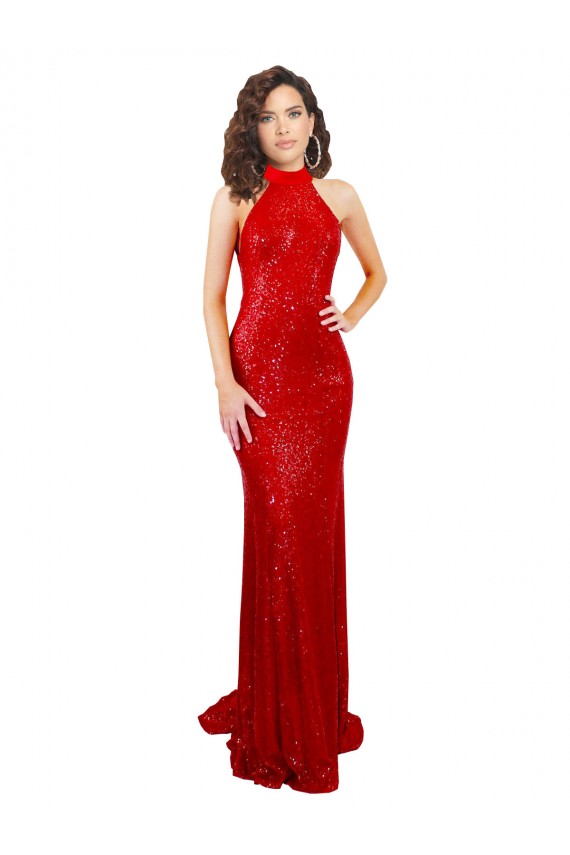Wholesale Red Mermaid Halter Neck Long Sequin Prom Dress Canada