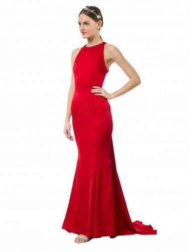 Wholesale Open Back Red Mermaid High Neck Long Formal Evening Gown Canada