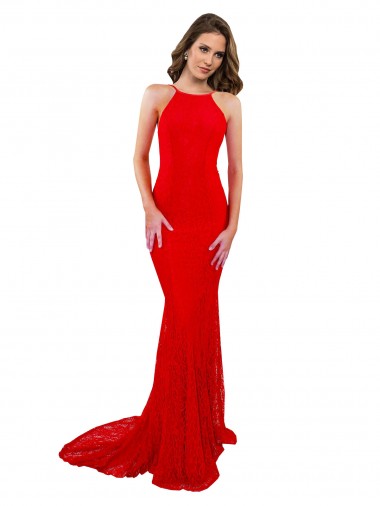 Wholesale Red Mermaid High Neck Long Lace Prom Dress Canada