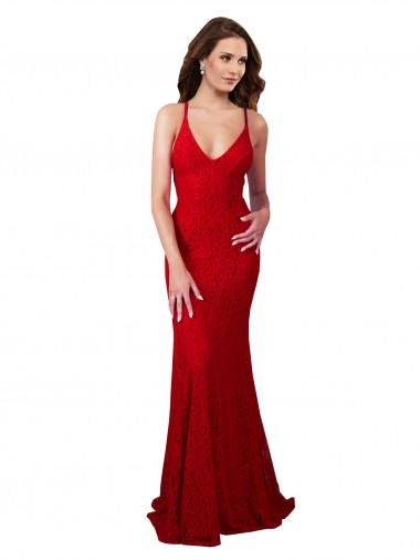 Wholesale Red Mermaid V-Neck Long Lace Prom Dress Canada