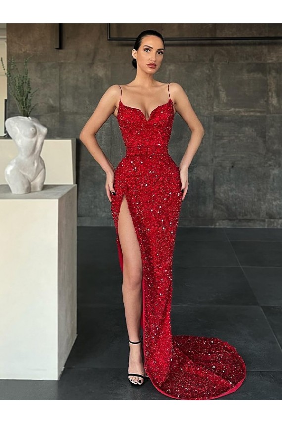 Wholesale Red Sheath V-Neck Sweep Train Prom Dress Canada