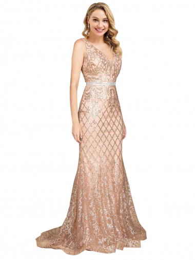 Wholesale V-Back Rose Gold Mermaid V-Neck Long Plus Size Formal Prom Dress Canada