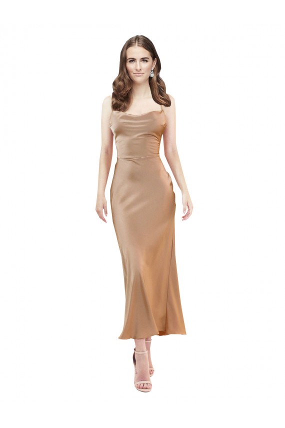 Wholesale Open Back Rose Gold Sheath Cowl Neck Midi Length Prom Dress Canada