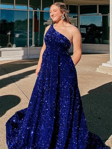 Wholesale Royal Blue A-Line One Shoulder Sweep Train Prom Dress Canada