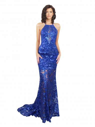 Wholesale Open Back Royal Blue Mermaid High Neck Long Prom Dress Canada