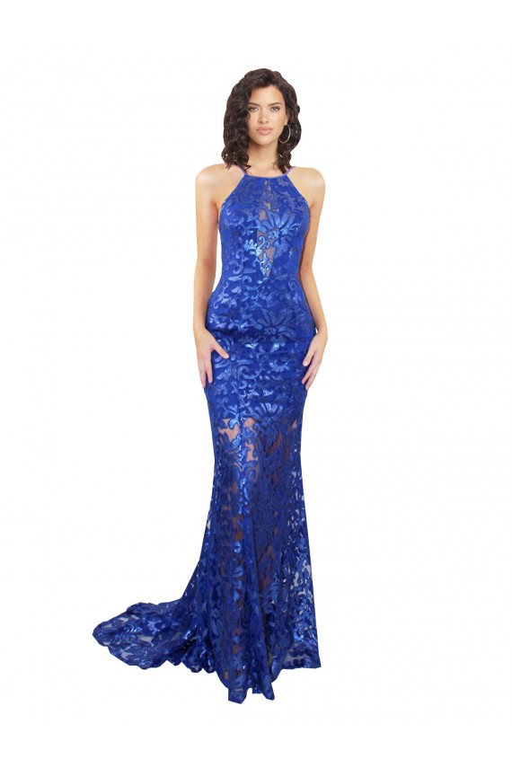 Wholesale Open Back Royal Blue Mermaid High Neck Long Prom Dress Canada