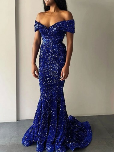 Wholesale Royal Blue Mermaid Off the Shoulder Sweep Train Prom Dress Canada