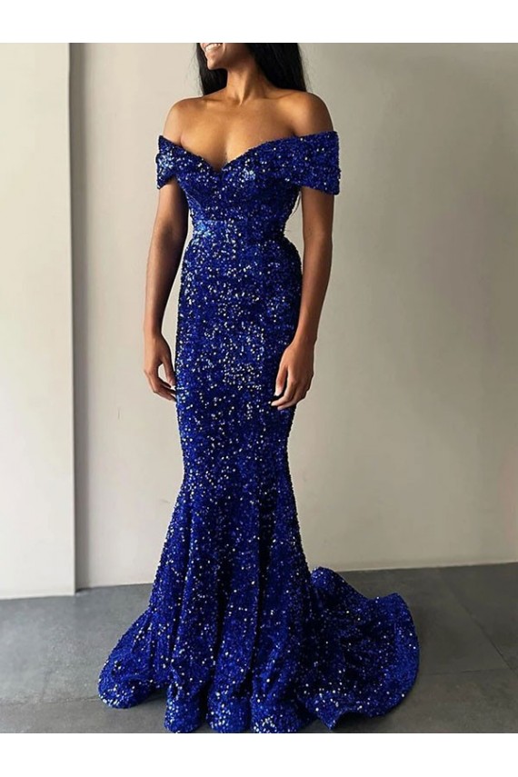 Wholesale Royal Blue Mermaid Off the Shoulder Sweep Train Prom Dress Canada