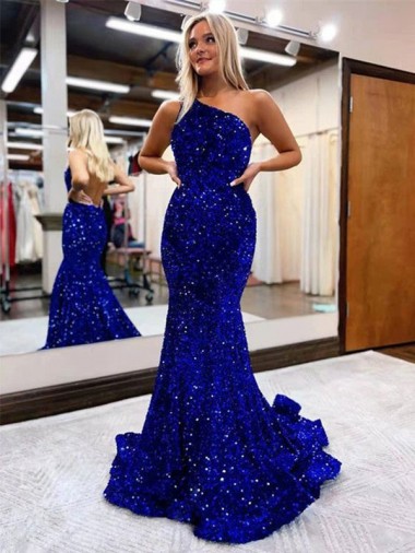 Wholesale Royal Blue Mermaid One Shoulder Sweep Train Prom Dress Canada