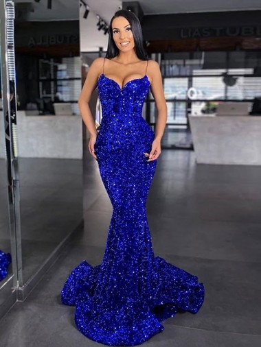 Wholesale Royal Blue Mermaid Spaghetti Straps Sweep Train Prom Dress Canada