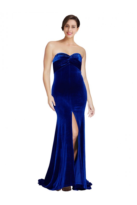 Wholesale Low Back Royal Blue Mermaid Strapless Sweep Train Prom Dress Canada